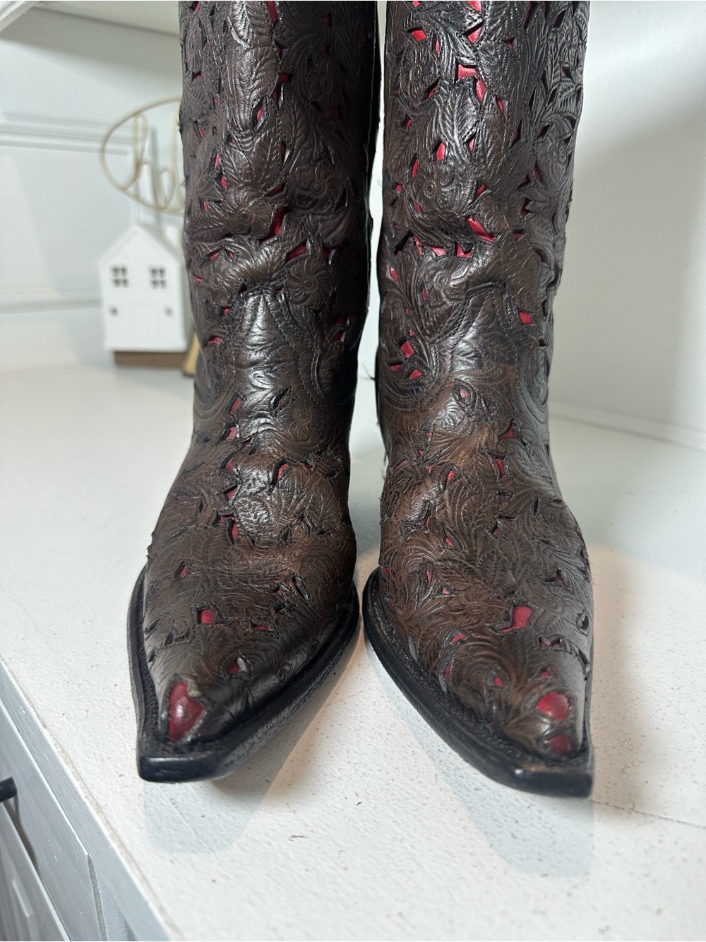 Stetson Cowboy Boots Womens 6.5 Brown Leather Red Underlay Handmade Mexico - Picture 4 of 9